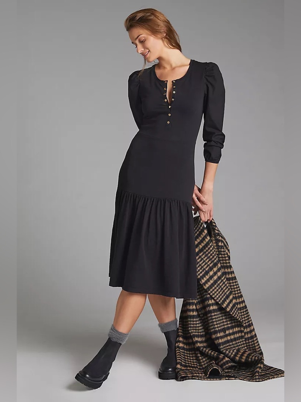 Nation LTD Malik’s Classic Black Snap Button-Front Midi Dress♥️♥️